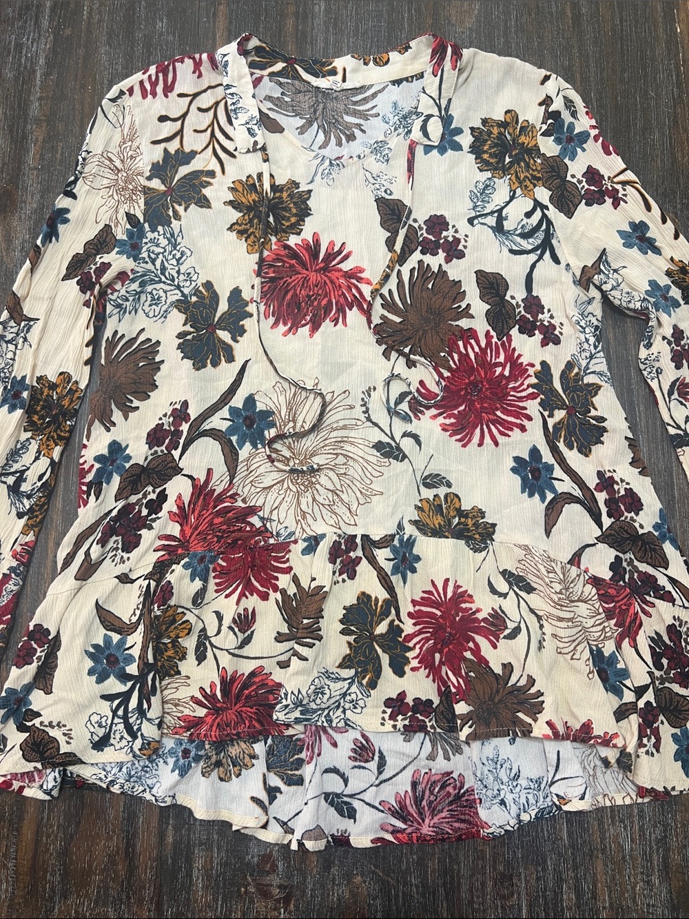Easel Boho Cream Floral V-Neck Tunic with Red, Blue & Brown Blooms